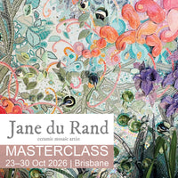 Promotional graphic for Jane du Rand ceramic mosaic artist 2026 masterclass with colorful mosaic design.