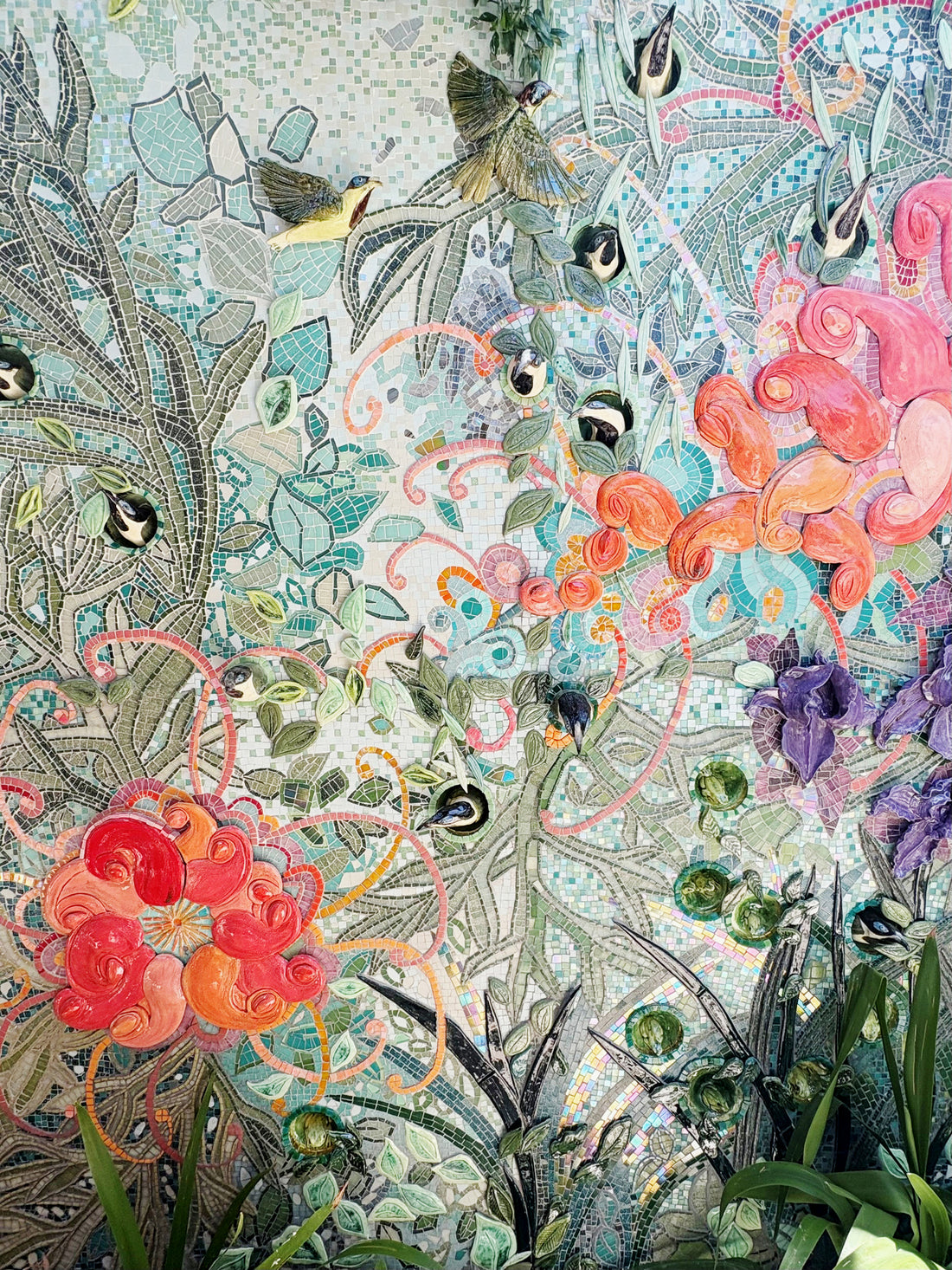 Colorful floral and bird ceramic and mosaic mural with intricate details made by Jane du Rand