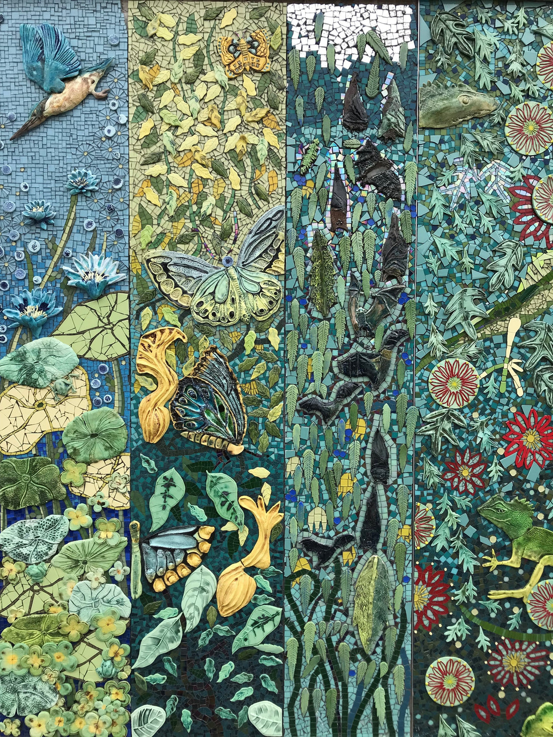 Mosaic artwork with butterflies, flowers, and nature-themed elements made by Jane du Rand masterclass students
